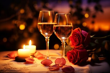 Romantic candlelight table setting with candles, rose, glasses, wine in the night city background. The Ideal Date Night Scene, Perfect for Special Occasions.
