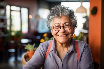 Obraz premium Senior Woman in a Cozy, Plant-Filled Cafe