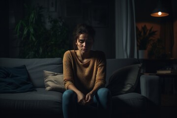 Fototapeta premium Young Woman Contemplating in Dimly Lit Room