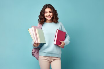 Fototapeta premium Young Woman Holding Stack of Books on Blue Background