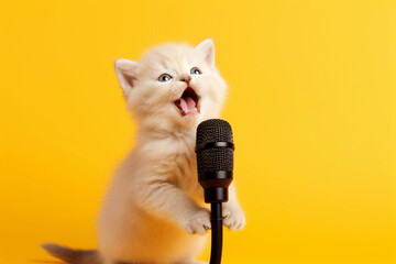 a happy charming kitten sings a cheerful song into a microphone on a yellow background, the concept of creative advertising with animals, ideas for banners and postcards