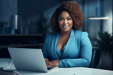 plump,plus-size,black woman,manager, in blue business clothes sitting at a desk with a laptop in a modern office,diversity concept