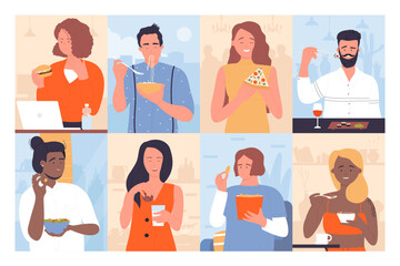 People eat set vector illustration. Cartoon hungry male and female characters eating fast or healthy food at table in restaurant, home or office workplace, happy young woman and man bite snacks