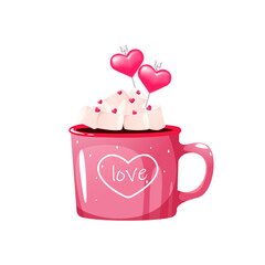 Mug with coffee, cocoa, hot chocolate, cream, decorative hearts. Hot drink for Valentine's Day. Vector illustration.