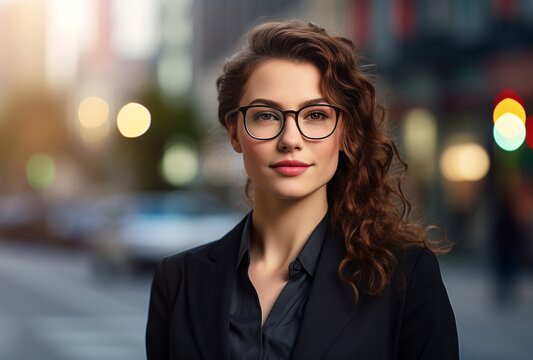 Businesswoman In Glasses Standing With Arms Folded In The City, Detailed Facial Features