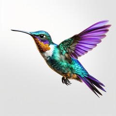 Fototapeta premium colorful hummingbird flying in the air, dark violet and bronze on white background