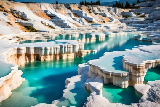 **natural travertine pools and terraces in pamukkale cotton castle in southwestern turkey