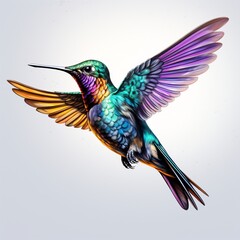 Obraz premium colorful hummingbird flying in the air, dark violet and bronze on white background
