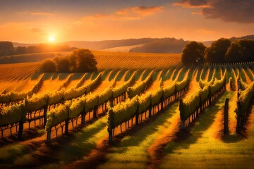 charming vineyard at sunset - A charming vineyard bathed in the warm glow of sunset generative al - 