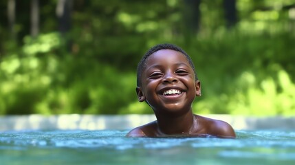 Face of a happy laughing African American boy in pool. The boy swims in the pool after going down the water slide in summer