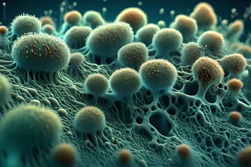 microscopic image of growing models or mold funger and spores - 3d illustration.-