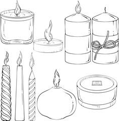 Set of different decorative candles. Spa aromatherapy candle. Simple design element. Black outline vector illustrations in hand drawn sketch style isolated on white