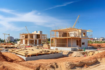 new house emerges into reality, supported by a temporary network of wooden frames and scaffolding in the construction process.