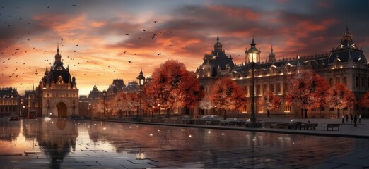 Fototapeta premium Magic Sunset: Evening City Square with Lanterns