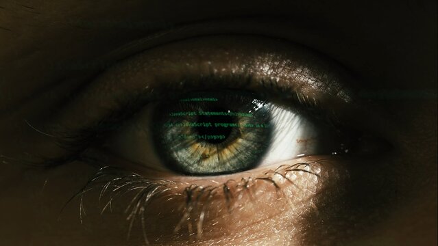 Macro shot of eyes with computer programming code reflection. Javascript program development and security hacking code.