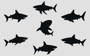 Shark icons on a gray background.  Black silhouette. Vector. - obrazy, fototapety, plakaty