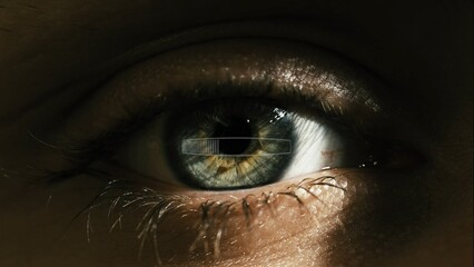 Macro shot of eyes with loading bar reflection. Application loading concept.