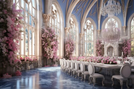 Fairytale castle with a luxurious hall for banquets and celebrations
