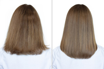 Woman before and after washing her hair with moisturizing shampoo on a white background. Flawless smooth hair after straightening with an iron. Collage, back view. Hair care and treatment concept
