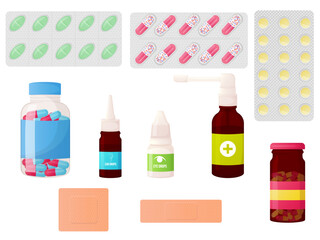 Fototapeta na wymiar Different types of medicines collection. Home first aid kit