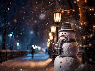 Snowman decorated with scarf, carrot, hat standing on the street with snow and snow flakes, winter, Christmas, beautiful light, bokeh, generative ai