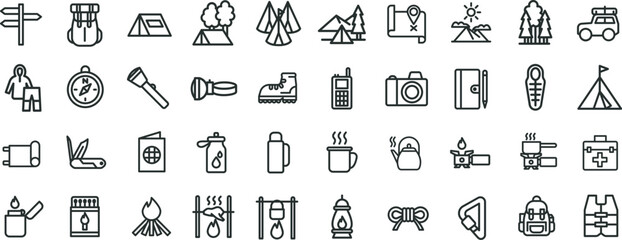 Simple Set of Travel Outdoor Related Vector Line Icons. Contains such Icons as Campfire, Hiking, Camp Trailer and more.