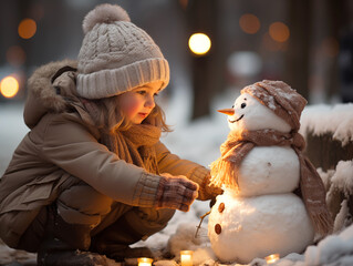 little lovely girl decorating snowman with winter coat, scarf, light at Christmas time, snow, winter, natural and beautiful lights, bokeh, generative ai