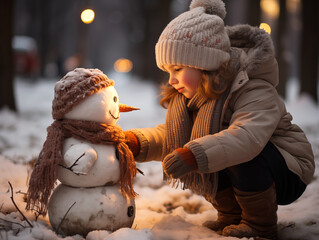 A cute girl decorating snowman with winter coat, scarf, light at Christmas time, snow, winter, natural and beautiful lights, bokeh, generative ai