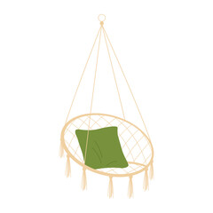 Fototapeta na wymiar Hanging rattan swing chair. Garden furniture, outdoor backyard hanging chair cartoon vector illustration