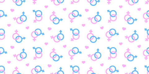 Interlinked Male and Female Symbols Seamless Vector Pattern. Pastel Pink and Blue. Gender Unity. 