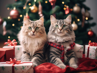 Group shot of cute Santa cats and kittens with Christmas theme sitting underneath the Christmas tree decorated with Christmas presents, beautiful and natural lights, bokeh, generative AI.