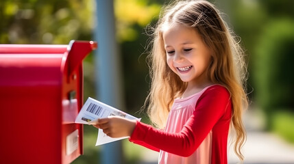 A young girl excitedly posts her Christmas list to Santa in a bright red, traditional post box
