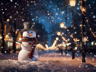 A lonely snowman decorated with scarf, carrot, hat standing on the street with snow and snow flakes, winter, Christmas, beautiful light, bokeh, generative ai