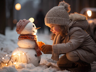 A cute girl decorating snowman with winter coat, scarf, light at Christmas time, snow, winter, natural and beautiful lights, bokeh, generative ai