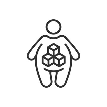 A fat person with a sugar icon, linear icon. Getting fat from carbohydrates. Line with editable stroke