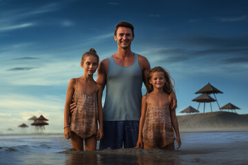 Portrait of happy family at beach. Smiling father embracing his two little daughter while standing in water. - Powered by Adobe