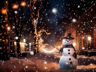 A single snowman decorated with scarf, carrot, hat standing on the street with snow and snow flakes, winter, Christmas, beautiful light, bokeh, generative ai