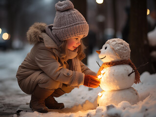 A chubby girl decorating snowman with winter coat, scarf, light at Christmas time, snow, winter, natural and beautiful lights, bokeh, generative ai