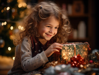 A little smiley girl sitting underneath the Christmas tree wearing Christmas winter theme dress unboxing her gift boxes and presents at home, generative AI