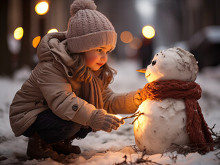 A lovely girl decorating snowman with winter coat, scarf, light at Christmas time, snow, winter, natural and beautiful lights, bokeh, generative ai