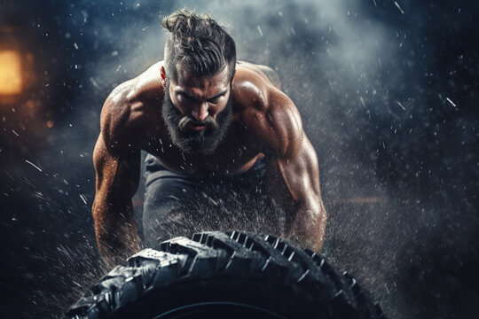Strong muscular shirtless middle aged man flipping a big heavy tire against dynamic background.