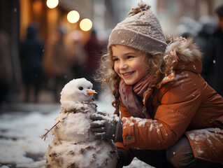 A smiley little girl decorating snowman with winter coat, scarf, light at Christmas time, snow, winter, generative ai