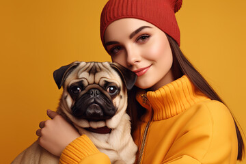 Portrait of beautiful girl wearing red winter hat embracing cute pug dog over yellow background.