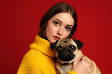 Portrait of young woman with cute pug dog isolated on red background.