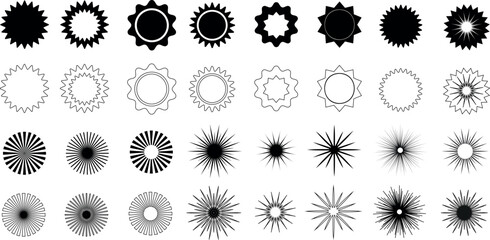 Sunburst vector illustration, Styles and designs vary from simple to complex, retro to modern. Features radial lines, circular patterns, and bursts resembling sun, starburst, explosion. 