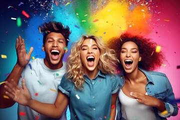 Three diverse people celebrating on multicolored backgrounds with confetti. Winners. Human emotions, facial expression concept. - obrazy, fototapety, plakaty
