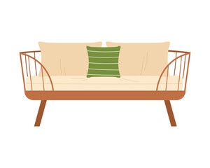 Rattan garden soft sofa. Backyard landscape, outdoor furniture cartoon vector illustration