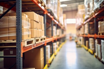 Retail warehouse full of shelves with goods. Blurred background