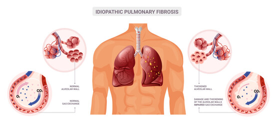 Normal lung and pulmonary fibrosis diagram. Vector illustration isolated on white background - obrazy, fototapety, plakaty