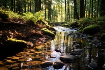 A stream meandering through a sunlit forest, creating intricate ripples on the water's surface, background wallpaper